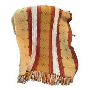 Handmade Afghan Retro Crochet Blanket Striped Orange Yellow 70s Fringe 66”x67”